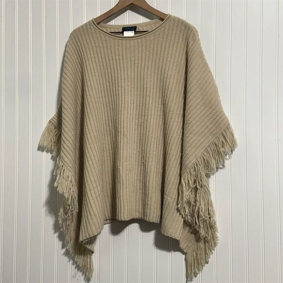 Création L Sweaters - Création L Merino Wool‎ Blend Fringe Poncho Sweater Oversize Knit Beige Germany